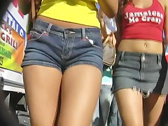 I caught on cam twosome exciting babes, one in miniskirt and the other in hot denim shorts