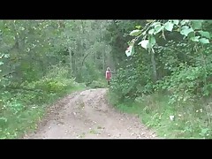 Stockinged blonde makes water on a quiet forest road Part 1